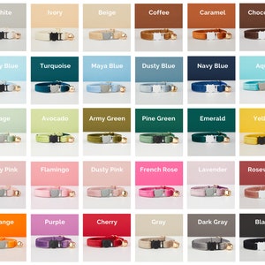 May include: A variety of 30 colorful cat collars with a bell charm. The collars are made of velvet and come in colors such as white, ivory, beige, coffee, caramel, chocolate, baby blue, turquoise, maya blue, dusty blue, navy blue, aqua, sage, avocado, army green, pine green, emerald, yellow, baby pink, flamingo, dusty pink, French rose, lavender, rosewood, orange, purple, cherry, gray, dark gray, and black.