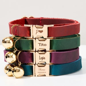 Collar de gato de cuero de vaca personalizado en herrajes dorados, campana de collar de gato personalizado para regalo de cumpleaños de mascotas, collar de gato personalizado de lujo ajustable