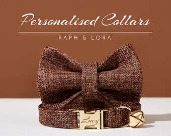 Luxury Cat Collar Bell Bowtie in Brown Tweed,Personalized Kitten Collar Leash Bowtie Set For Birthday Gift,Handmade Puppy Collar Bowtie Set