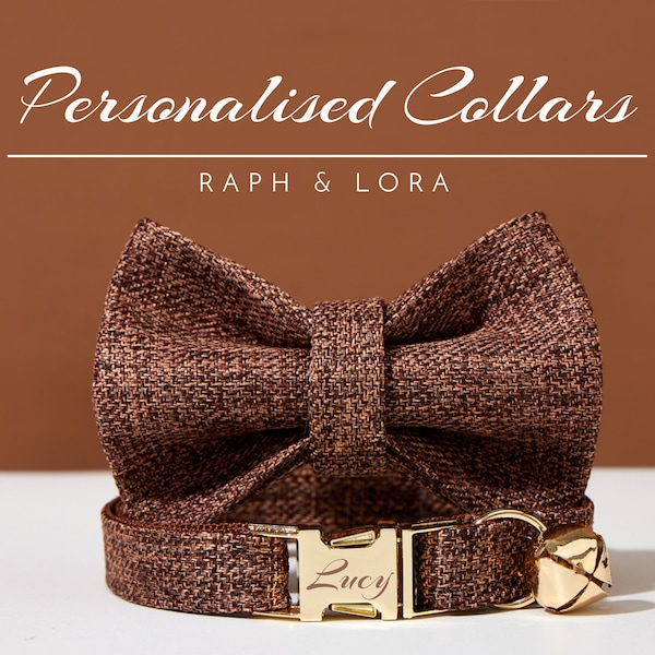 Luxury Cat Collar Bell Bowtie in Brown Tweed,Personalized Kitten Collar Leash Bowtie Set For Birthday Gift,Handmade Puppy Collar Bowtie Set