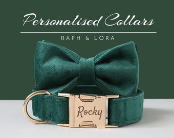 Green Velvet Pet Dog Collar Set, Name Engraved Thick Velvet Boy Puppy Collar Bowtie and Leash, Personalised Wedding Bridesmaid Dog Collar