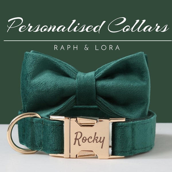 Green Velvet Pet Dog Collar Set, Name Engraved Thick Velvet Boy Puppy Collar Bowtie and Leash, Personalised Wedding Bridesmaid Dog Collar