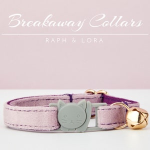 Lavender Velvet Breakaway Cat Collar with Name Engraved, Quick Release Cat Collar Set, Custom Kitten Collar with Bell Bow tie