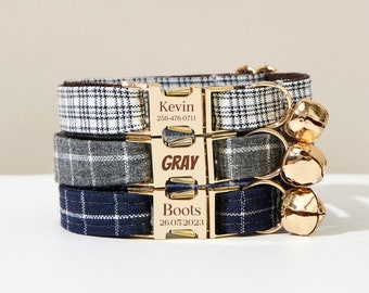 Luxury Plaid Cat Collar Bowtie Bell For Birthday Gift, Personalized Cat Collar Bow for Cat Gift,Custom Plaid Kitten Collar with Name Engrave