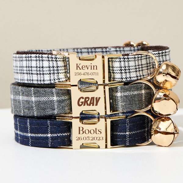 Luxury Plaid Cat Collar Bowtie Bell For Birthday Gift, Personalized Cat Collar Bow for Cat Gift,Custom Plaid Kitten Collar with Name Engrave