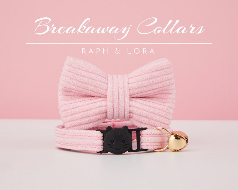Breakaway Cat Collar Bell with Name Engraved, Quick Release Cat Collar Set, Hot Pink Corduroy Custom Kitten Collar with Bell Bow tie image 3