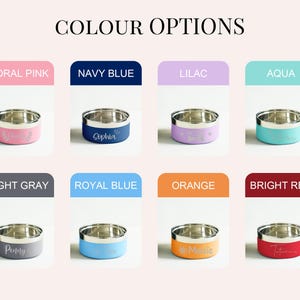 May include: A selection of eight stainless steel pet bowls with colored bases. Colors include coral pink, navy blue, lilac, aqua, light gray, royal blue, orange, and bright red. Each bowl has a personalized name or design.