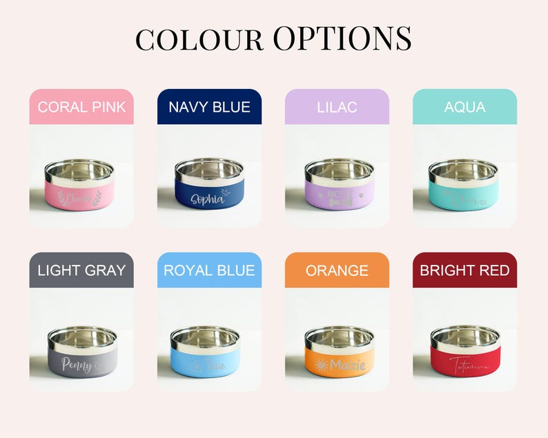 May include: A selection of eight stainless steel pet bowls with colored bases. Colors include coral pink, navy blue, lilac, aqua, light gray, royal blue, orange, and bright red. Each bowl has a personalized name or design.