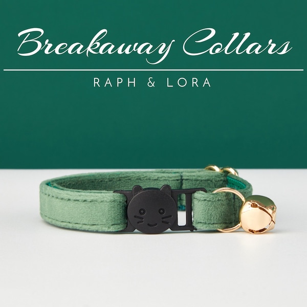 Pine Green Velvet Breakaway Cat Collar with Name Engraved, Quick Release Cat Collar Set, Custom Kitten Collar with Bell Bow tie