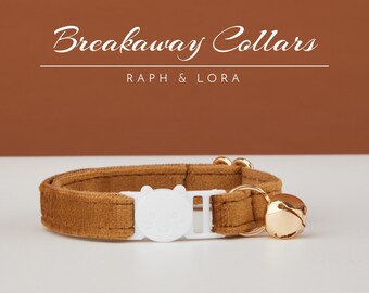Coffee Velvet Breakaway Cat Collar with Name Engraved, Quick Release Cat Collar Set, Custom Kitten Collar with Bell Bow tie