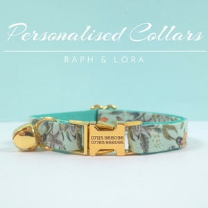 Blue Floral Cat Kitten Collar Lead Bow,Fancy Cat Collar Bell, Handmade Kitten Collar Bell with Rose Gold Hardware, Personalized Cat Collar