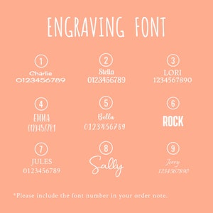 May include: A chart of nine different fonts for engraving, each with a sample name and number sequence. The fonts are numbered 1 through 9. The text "ENGRAVING FONT" is at the top of the chart. The text "*Please include the font number in your order note." is at the bottom of the chart.