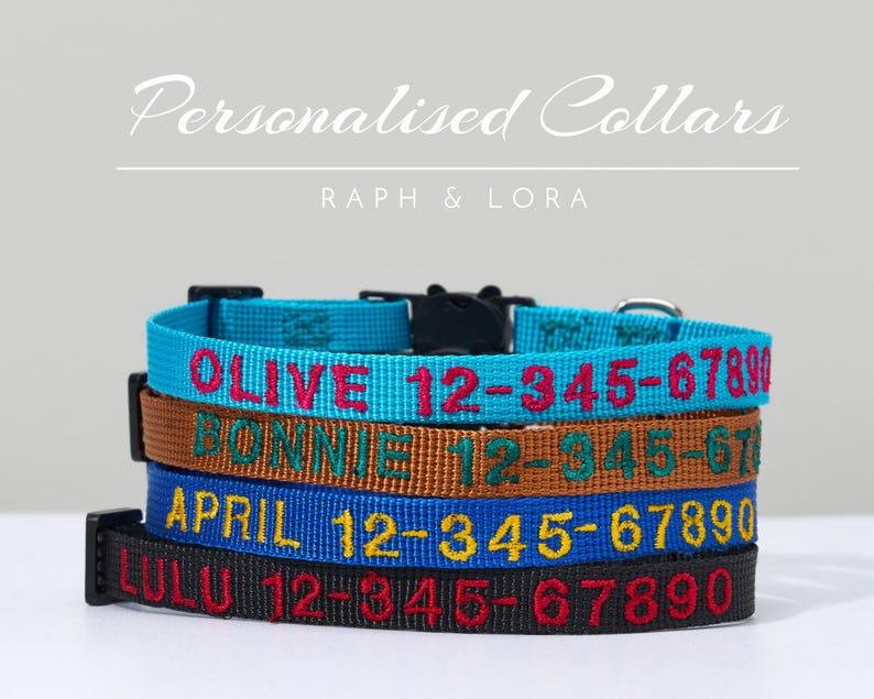 Pu&ograve; includere: Quattro collari per cani personalizzati in diversi colori con nomi e numeri di telefono ricamati. I collari sono impilati uno sopra l'altro. Il collare superiore &egrave; turchese con il nome "OLIVE" e il numero di telefono "12-345-6789" ricamato in rosa. Il secondo collare &egrave; marrone con il nome "BONNIE" e il numero di telefono "12-345-6789" ricamato in verde. Il terzo collare &egrave; blu con il nome "APRIL" e il numero di telefono "12-345-6789" ricamato in giallo. Il collare inferiore &egrave; nero con il nome "LULU" e il numero di telefono "12-345-6789" ricamato in rosso.