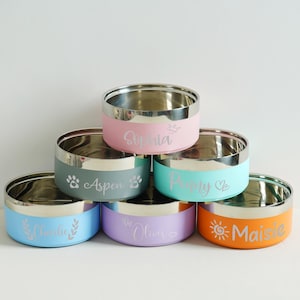 May include: A stack of six stainless steel pet bowls with colored exteriors. Each bowl has a different color, including pink, teal, blue, purple, and orange. The bowls are personalized with names and decorative icons.