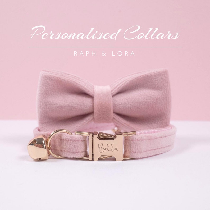 Pink Velvet Personalized Cat Collar with Bow tie Set,Engraved Kitten Collar Name Plate,Gold Cat Collar Bell for Puppy , Cat Collar for Girl image 1
