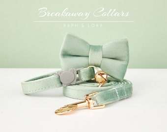 All Velvet Sage Green Breakaway Cat Collar con nome inciso, set di collari per gatti a sgancio rapido, collare gattino personalizzato con papillon a campana