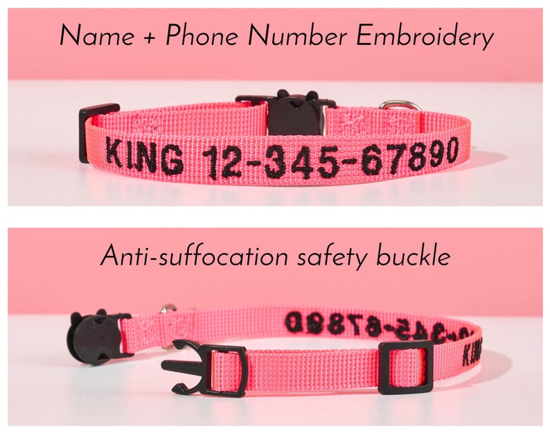 Pu&ograve; includere: Collare regolabile per animali domestici rosa con fibbia nera e testo ricamato nero che recita "KING 12-345-67890".