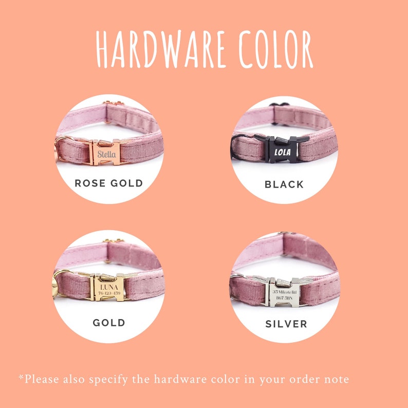 May include: Four pink velvet cat collars with different colored hardware. The collars are shown with the hardware in the center of the image. The hardware colors are rose gold, black, gold, and silver.