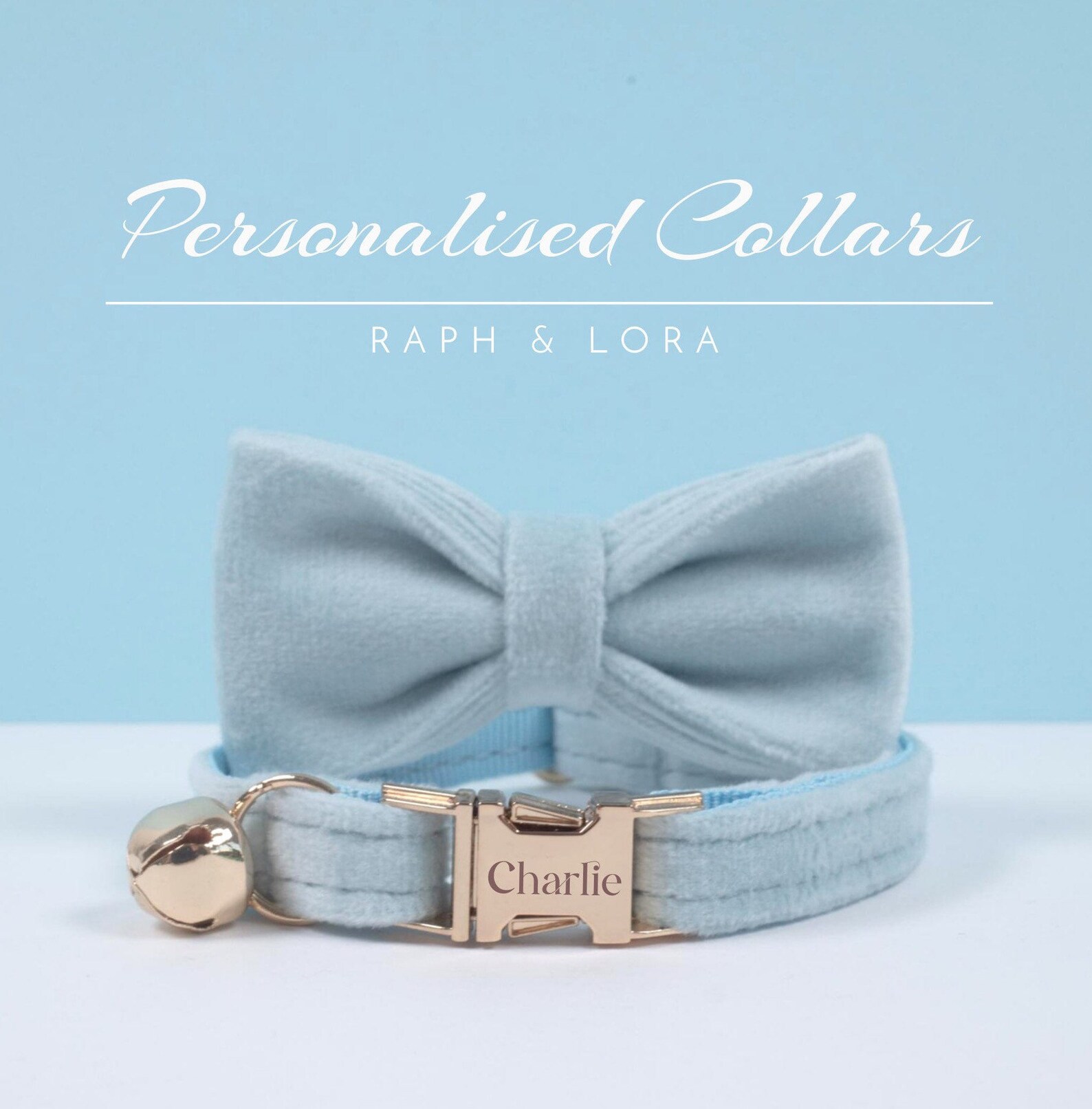 Light Blue Velvet Personalize Cat Collar With Bowtie Set,engraved ...