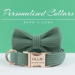 Green Corduroy Pet Dog Collar Bow tie Set, Name Engraved Boy and Girl Puppy Collar Bowtie and Leash, Personalised Wedding Dog Collar