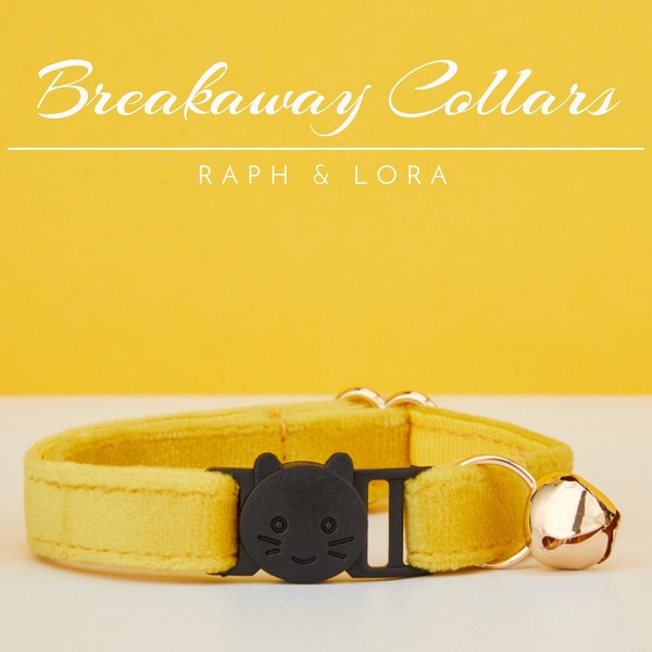 Yellow Velvet Breakaway Cat Collar with Name Engraved, Quick Release Cat Collar Set, Custom Kitten Collar with Bell Bow tie