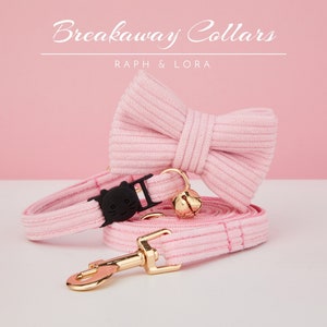 Breakaway Cat Collar Bell with Name Engraved, Quick Release Cat Collar Set, Hot Pink Corduroy Custom Kitten Collar with Bell Bow tie image 2