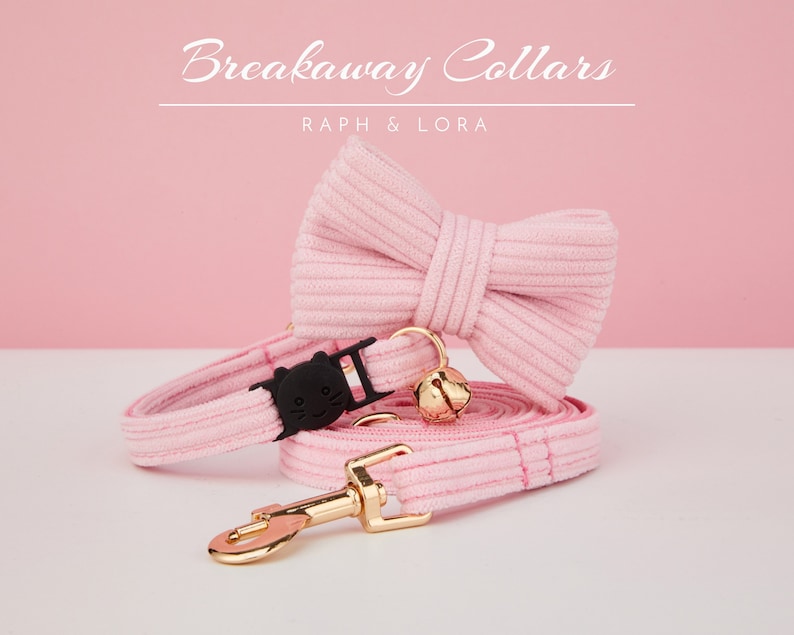 Breakaway Cat Collar Bell with Name Engraved, Quick Release Cat Collar Set, Hot Pink Corduroy Custom Kitten Collar with Bell Bow tie image 2
