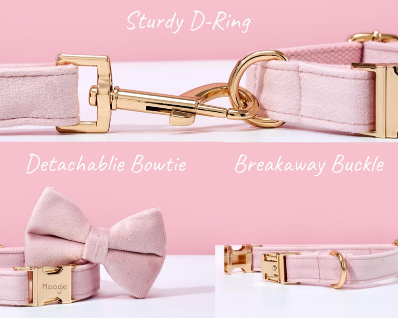 Baby Pink Velvet Personalized Dog Collar Lead Bow, Puppy Collar for Wedding Gift, Luxury Pet Dog Collar for Small Dogs, Soft Cat Collar Gift image 4