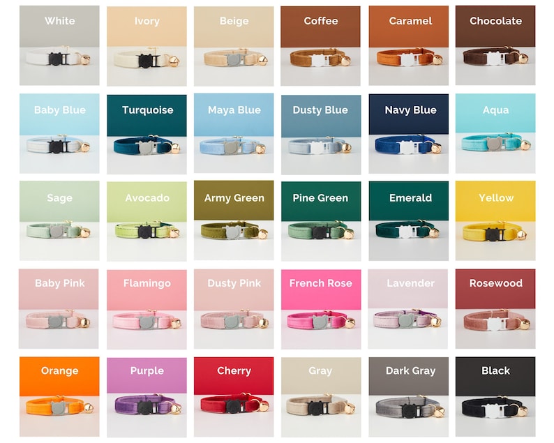May include: A collection of cat collars in various colors, including white, ivory, beige, coffee, caramel, and chocolate. Each collar has a buckle and a small bell. Other colors include baby blue, turquoise, maya blue, dusty blue, navy blue, and aqua.