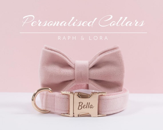 Baby Pink Velvet Personalized Dog Collar Lead Bow, Puppy Collar for Wedding Gift, Luxury Pet Dog Collar for Small Dogs, Soft Cat Collar Gift