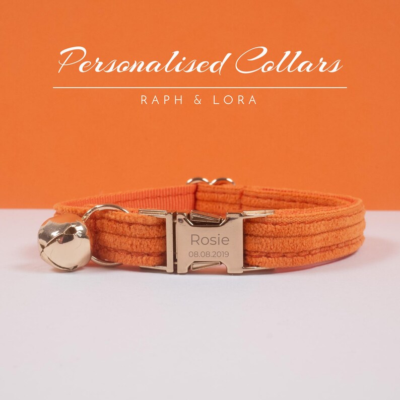 Orange Cat Collar with Bell, Custom Cat Collar Bow Tie for Pet Birthday Gift, Adjustable Luxury Personalized Cat Collar image 2