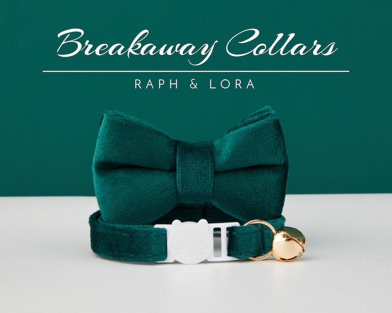 May include: A teal breakaway cat collar with a matching bow tie. The collar has a white safety buckle and a gold bell. The text "Breakaway Collars" and "Raph & Lora" are displayed in white script.