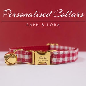 Red Gingham Personalized Cat Collar Leash Bell, Fancy Cat Collar Bow for Cat Gift,Custom Kitten Collar with Name Engraved