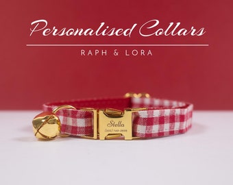 Red Gingham Personalized Cat Collar Leash Bell, Fancy Cat Collar Bow for Cat Gift,Custom Kitten Collar with Name Engraved