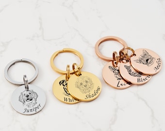 Engraved Pet Portrait Keychain, Personalized Dog and Cat Memorial Tag, Stainless Steel Custom Sketch Keyring, Great Gift for Pet Owners