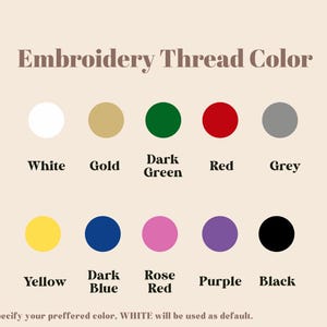 Pu&ograve; includere: Un grafico che mostra le opzioni di colore del filo per ricamo. I colori sono: bianco, oro, verde scuro, rosso, grigio, giallo, blu scuro, rosso rosa, viola e nero. Il testo dice 'Embroidery Thread Color' e 'Specify your preferred color. WHITE will be used as default.'