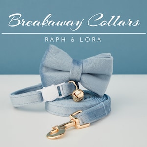 All Velvet Dusty Blue Breakaway Cat Collar with Name Engraved, Quick Release Cat Collar Set, Custom Kitten Collar with Bell Bow tie