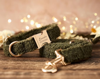 Custom Dog Collar Green Puppy Collar Leash,Holiday Puppy Collar Leash for Wedding Gift,Handmade Dog Harness Boy with Engraved Name Collar