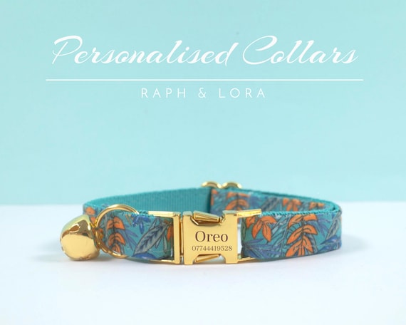 Blue Floral Cat Kitten Collar Lead Bow fancy Cat Collar Bell Handmade Kitten Collar Bell With Rose Gold Hardware Personalized Cat Collar Etsy