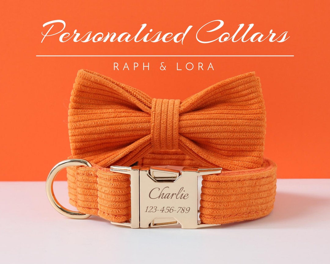 Personalized Dog Collar and Leash Set, Orange Corduroy Dog Collar Bow