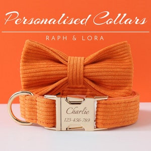 Personalized Dog Collar and Leash Set, Orange Corduroy Dog Collar Bow for Pet Birthday Gift, Adjustable Luxury Custom Puppy Dog Collar