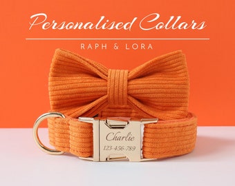 Set di collare e guinzaglio per cani personalizzati, fiocco per collare per cani in velluto a coste arancione per regalo di compleanno per animali domestici, collare per cuccioli di cane personalizzato di lusso regolabile