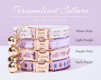 May include: Stack of personalized dog collars in white, light purple, purple, and dark purple. Each collar has a gold-colored buckle with a name engraved. The collars have floral and patterned designs. The text "Personalised Collars" is at the top.