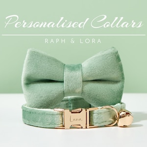 May include: A sage green velvet cat collar with a gold buckle and a bell. The collar is personalized with the name "Luna". The image also includes a matching sage green velvet bow tie.
