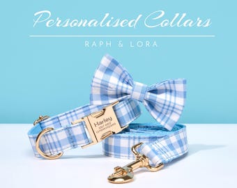 Personalized Blue Check Puppy Collar Gift For Pet Owner,Engraved Pet Name Collar With Pet Tag For BoyDog Birthday Gift,Handmade Dog Collar