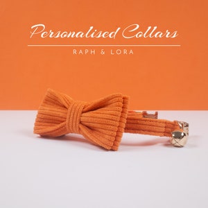 Orange Corduroy Cat Collar with Bell, Custom Cat Collar Bow Tie for Pet Birthday Gift, Adjustable Luxury Personalized Cat Collar image 3