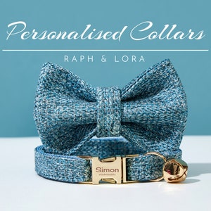Luxury Cat Collar Bell Bowtie in Blue Tweed,Personalized Kitten Collar Leash Bowtie Set For Birthday Gift,Handmade Puppy Collar Bowtie Set