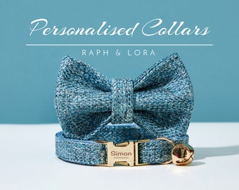 Collier de chat de luxe avec cloche en tweed bleu, collier de chaton personnalisé avec laisse pour cadeau d'anniversaire, collier de chiot fait à la main avec nœud papillon