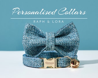 Luxury Cat Collar Bell Bowtie in Blue Tweed,Personalized Kitten Collar Leash Bowtie Set For Birthday Gift,Handmade Puppy Collar Bowtie Set