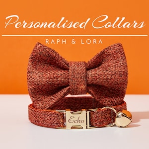 Handmade Orange Tweed Cat Collar Bell Bowtie Set,Custom Engraved Name Tag For Birthday Gift,Luxurious Kitten Cat Collar Leash,Puppy Collar